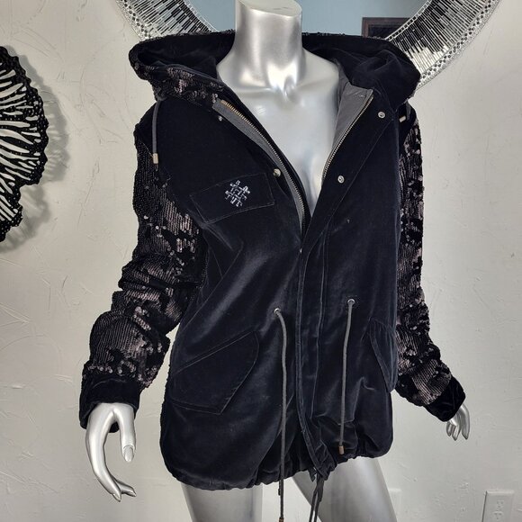 NWT~$2590~MR & MRS ITALY~S/M~BLACK VELVET SEQUIN HOODED PARKA COAT NO FUR - Picture 11 of 16